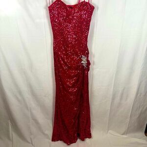 La Femme Vintage Strapless Sequin Long Prom Gown Dress Rhinestone Accent Pink 0